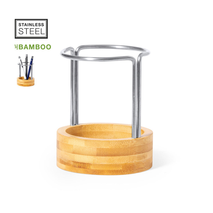 Porte-stylo de bureau en bambou et inox