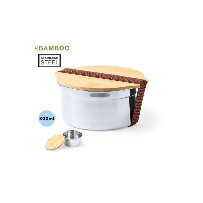 Lunch box ronde publicitaire en acier et bambou