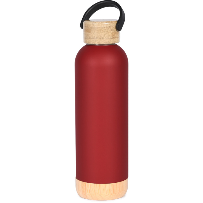 Gourde isotherme personnalisée avec poignée et finitions en bambou.