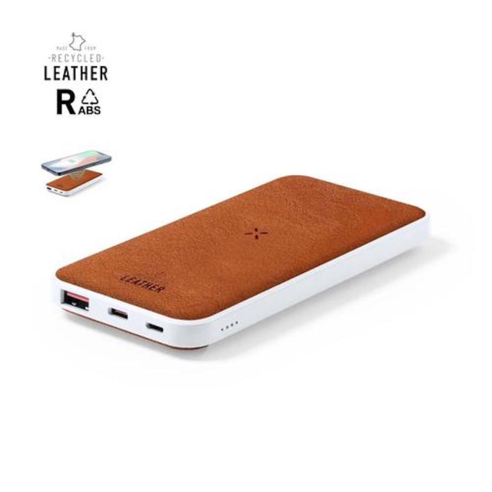 Batterie externe en cuir recyclé avec chargeur sans fil intégré.