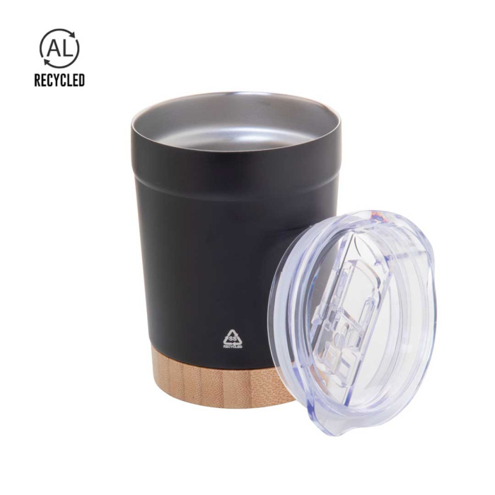 Tasse thermique en acier recyclé avec couvercle en plastique et base en bambou