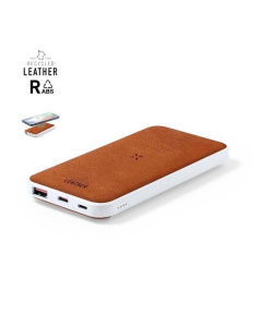 Batterie externe en cuir recyclé avec chargeur sans fil intégré.