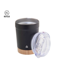 Tasse thermique en acier recyclé avec couvercle en plastique et base en bambou