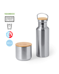 Ensemble gourde et verre thermiques avec finitions en bambou